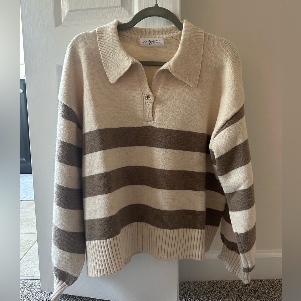 Carly Jean Los Angeles Cream and Brown Striped Sweater